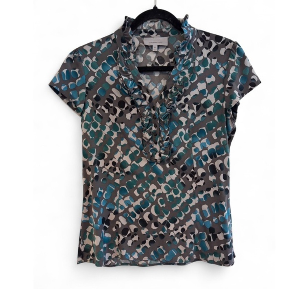 Classiques Entier Silk Blend Ruffle V-Neck Top Teal Gray Abstract Size Medium